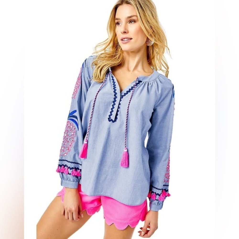 Lilly Pulitzer NWT Haddie Tunic Top Embellished Sz Medium Blueberry Chambray